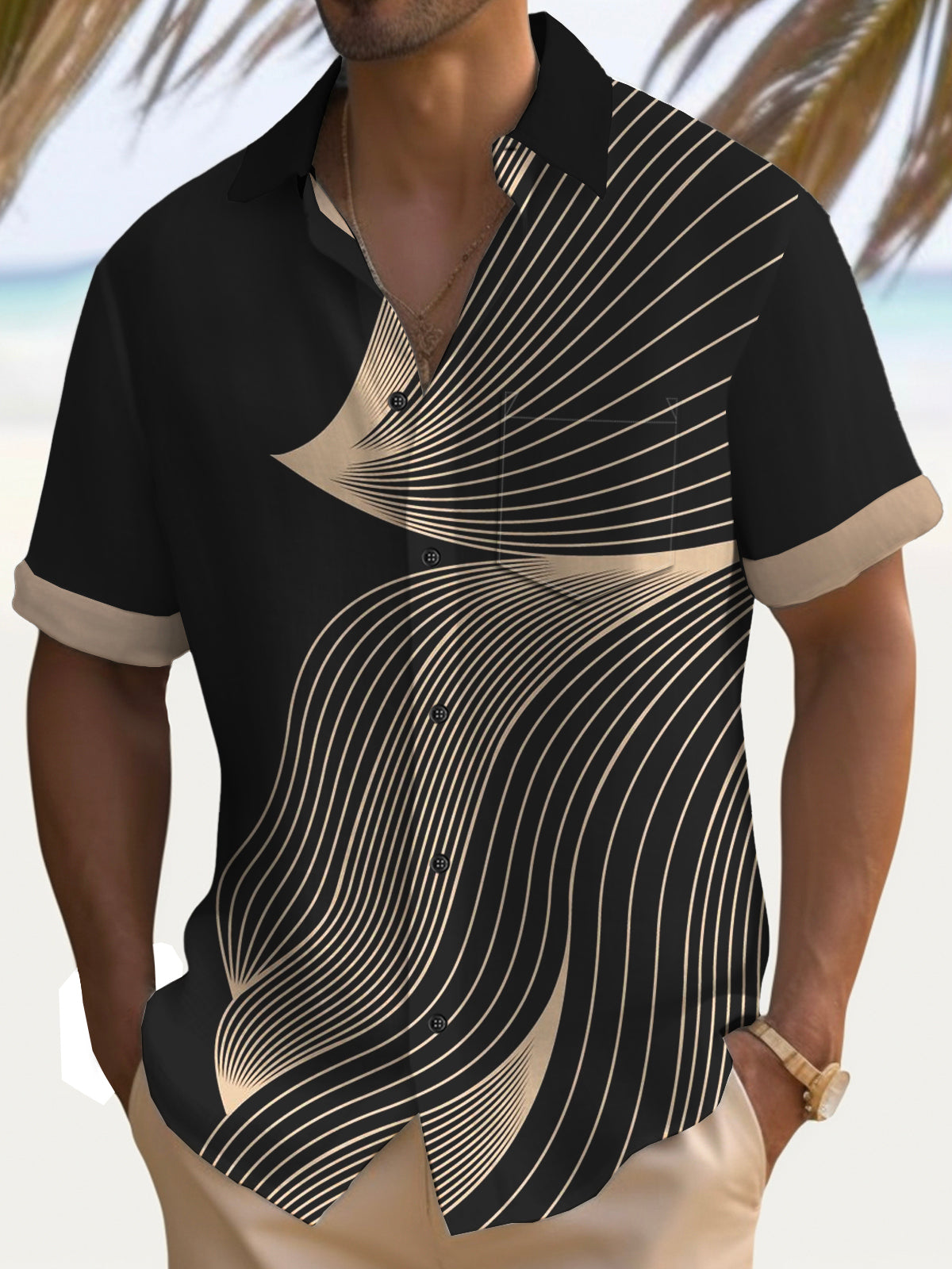 Stripe Art Hawaiian Casual Retro Short Sleeve Men's Shirts With Pocket ...